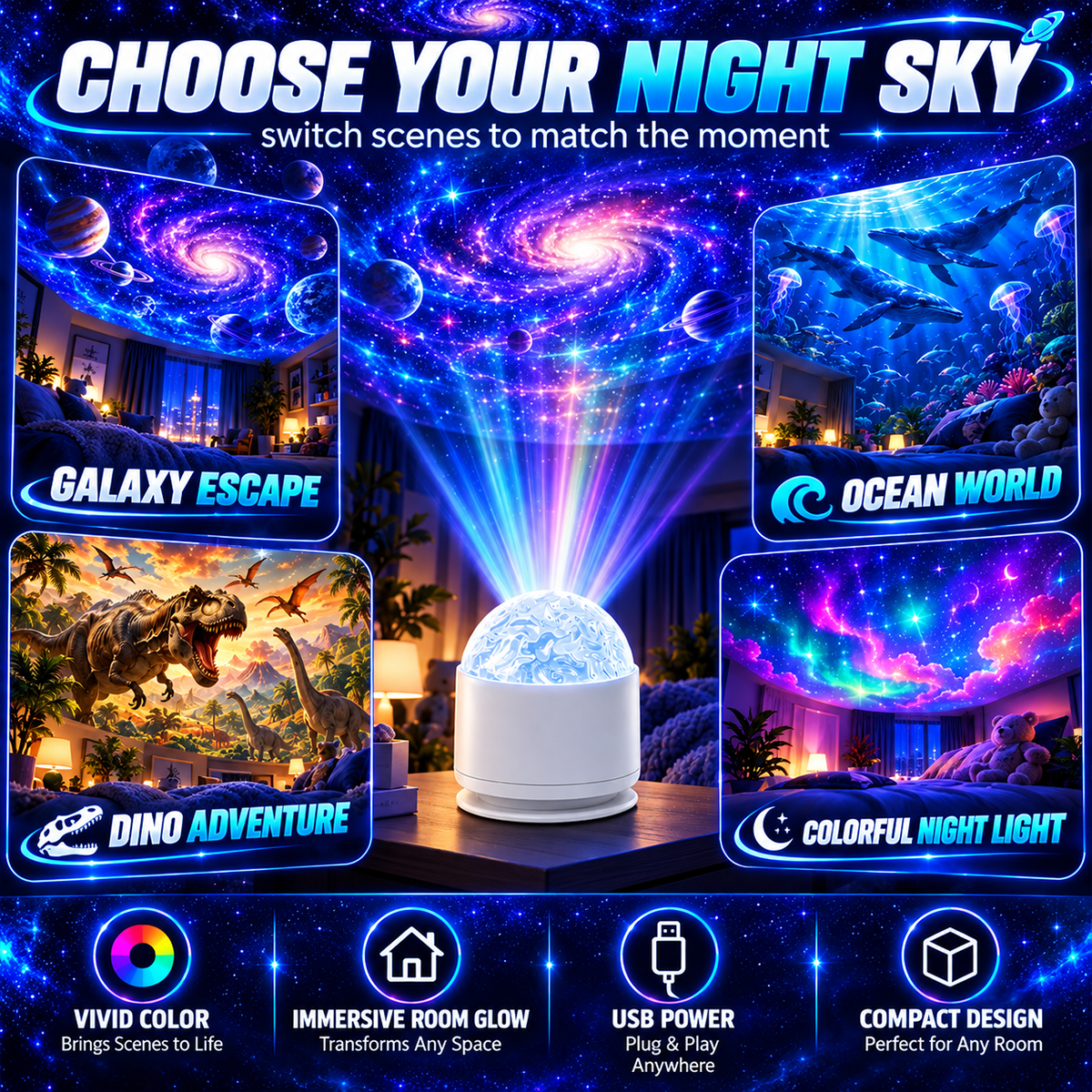 Aurora Dream Galaxy Projector  Transform Your Room After Dark.